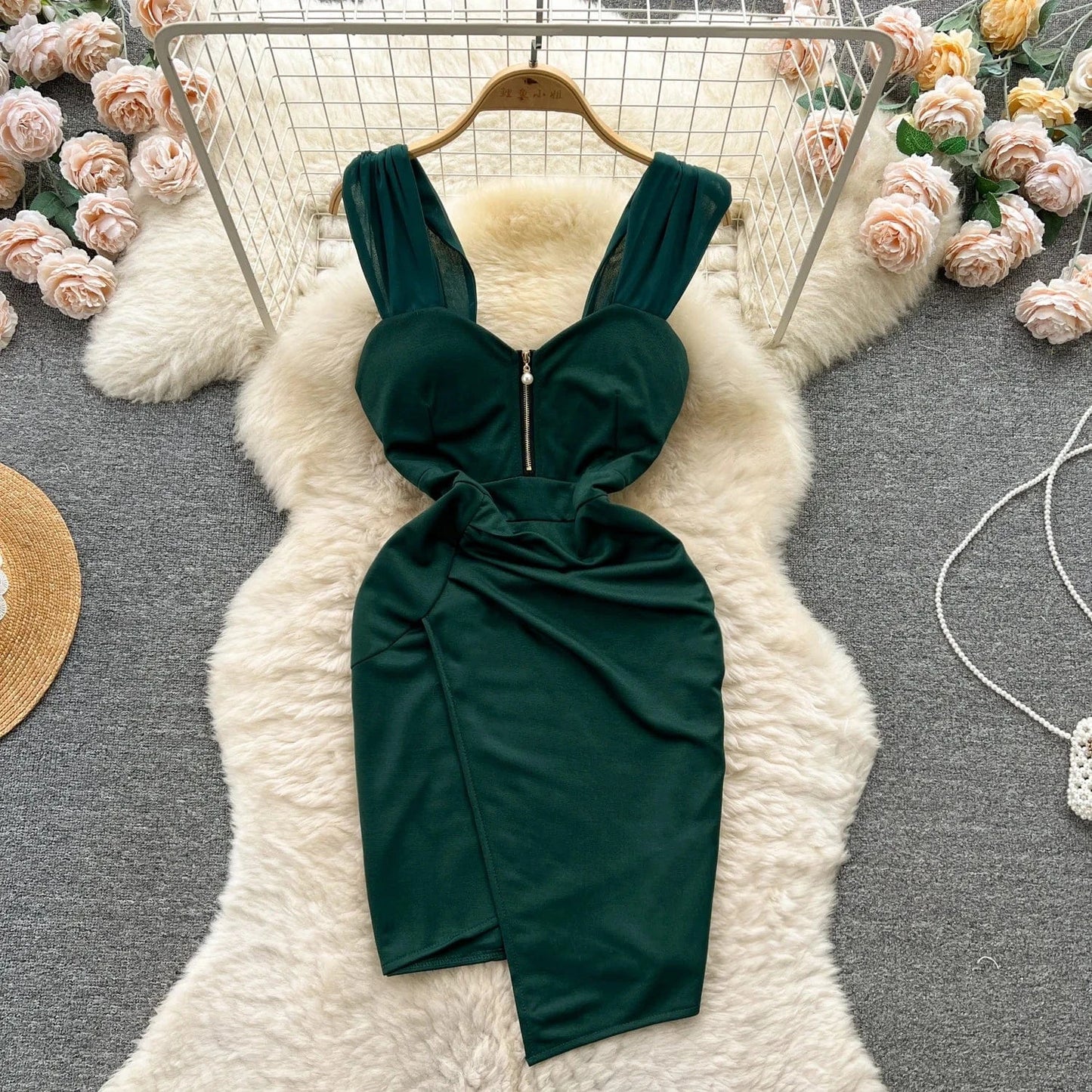 M / green 2024 Women's New Fashion Sexy Zipper Halter Dress Irregular Slim Short Dress