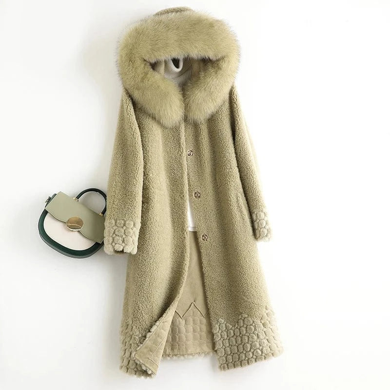 M / green A50084 Pudi women real wool fur coat jacket trench with fox fur collar winter warm female sheep shearing over size parkar coats