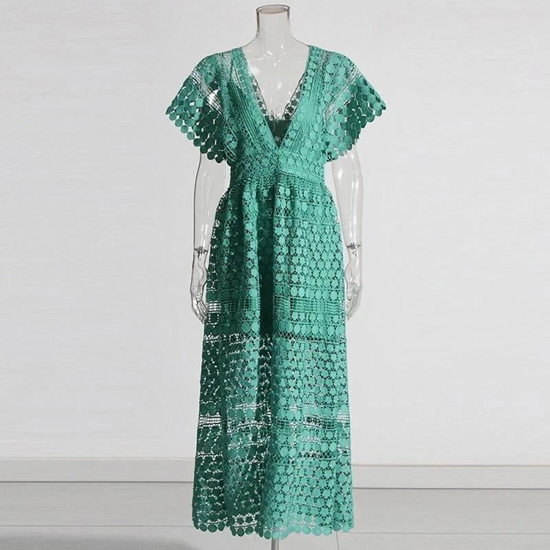 M / green CHICEVER Open Front Backless Sexy Dress Women Lace Panel Hollow Out High V Neck Long Dress