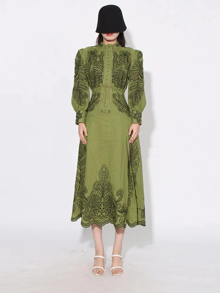 M / green CHICEVER Stand Collar Lantern Sleeve High Waist Long Sleeve Dresses Long Dress For Women