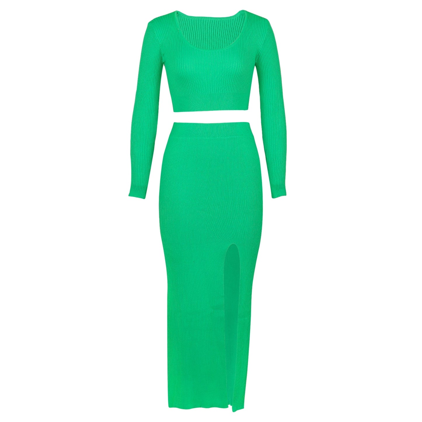M / green Factory women clothing foreign solid color long-sleeved sweater knitting fashion sexy split long skirt 2 pieces women set