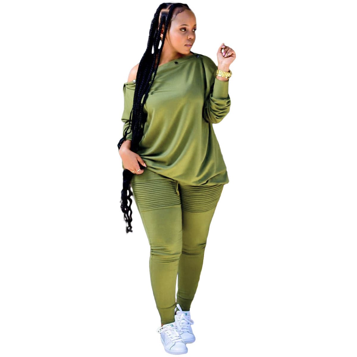 M / green Fall clothes women one off the shoulder top sweater with button casual two piece pants set
