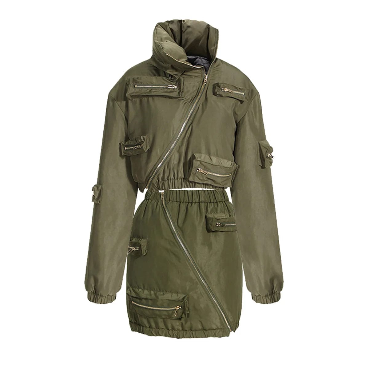 M / green Fall Winter Ladies Zipper Crop Puffer Coat Jacket With Mini Cargo Skirts Sets Women Sexy 2 Piece Outfit