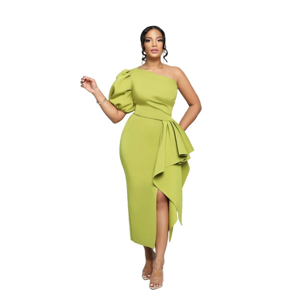 M / green Fashion  One Shoulder  Bubble  Sleeve Slim-Fit  Women's Dress