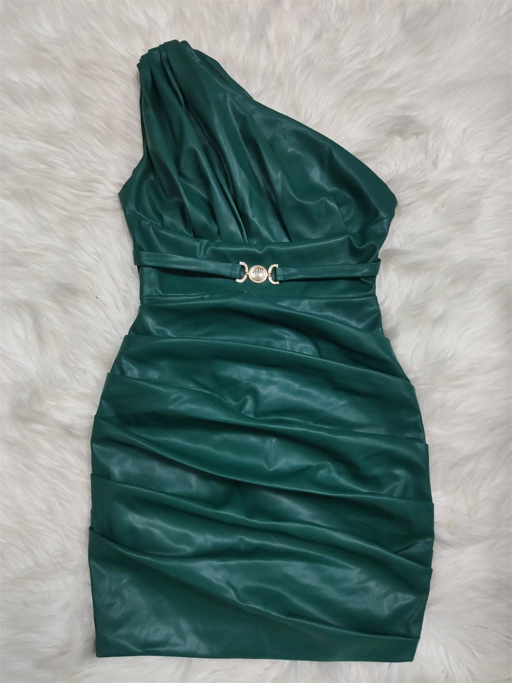 M / green High Quality One Shoulder Celebrity Evening Party  Elegant Club Party PU  Leather Dress