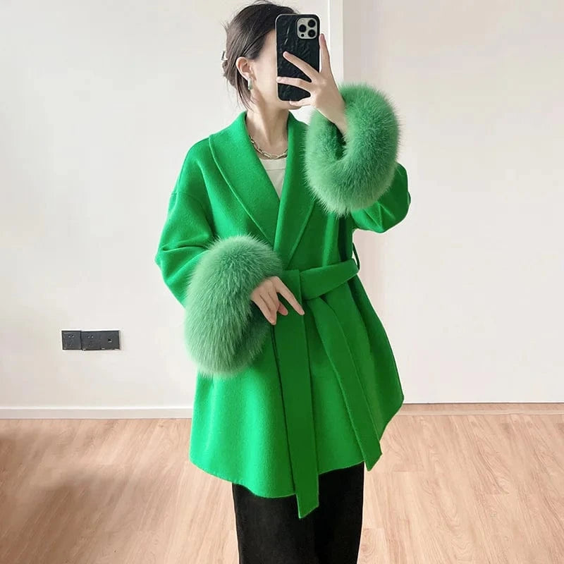 M / green Jancoco Luxury Fox Fur Cuffs Long Alpaca Wool Coat Winter Women Real Cashmere Wool Coat