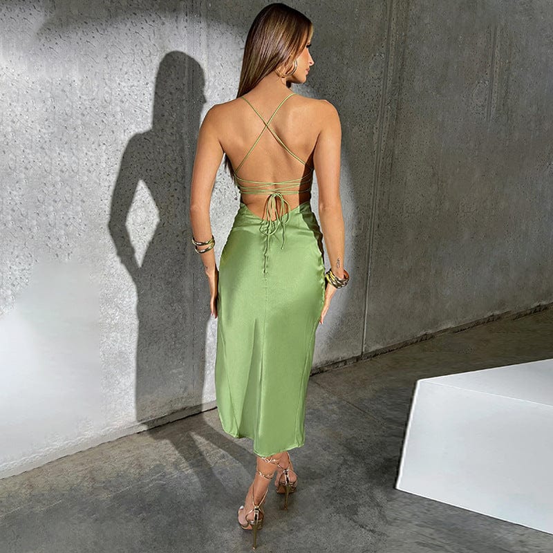 M / green Liu Ming Women Sexy 2023 New Arrivals Satin Backless Sleeveless Party Slit Bodycon Maxi Prom Dress