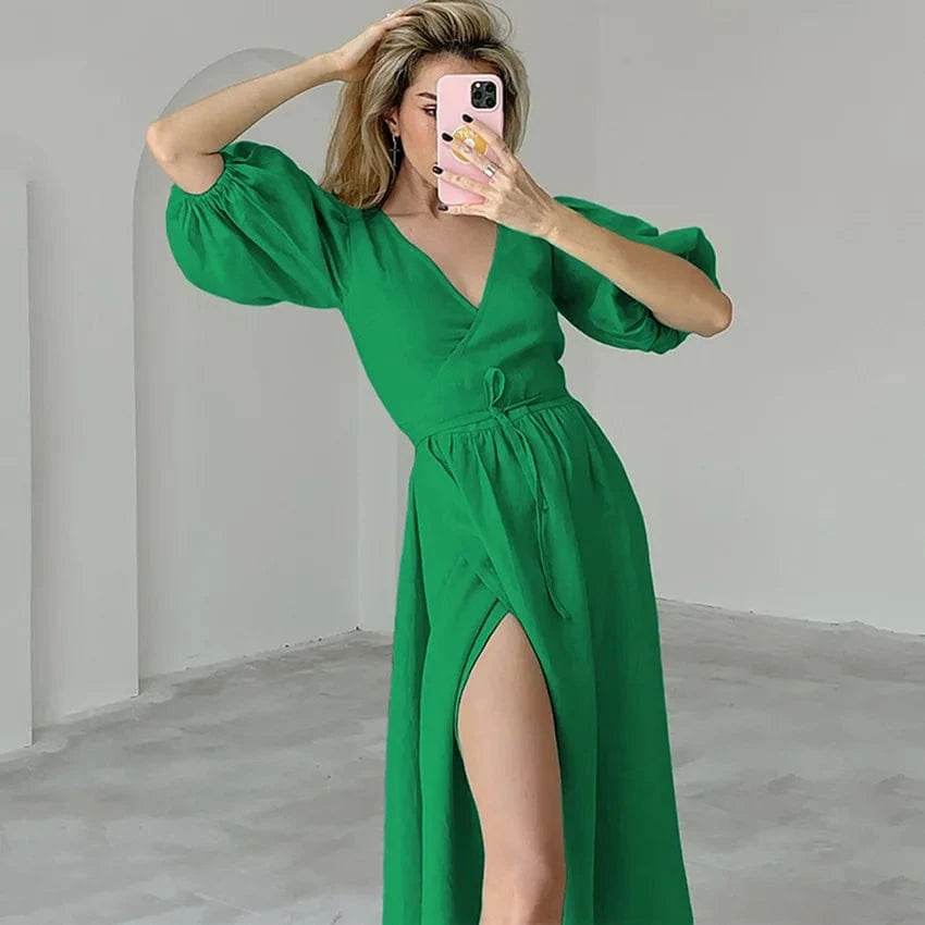 M / green New European Long Dress Pure Cotton  High Waist Spring Summer Autumn French Temperament A-line Female Split Casual Dress
