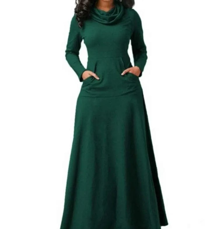 M / green New Popular Autumn Winter Fashion Casual Pocket Large Size Long Sleeve Solid Color Long Dress 2023