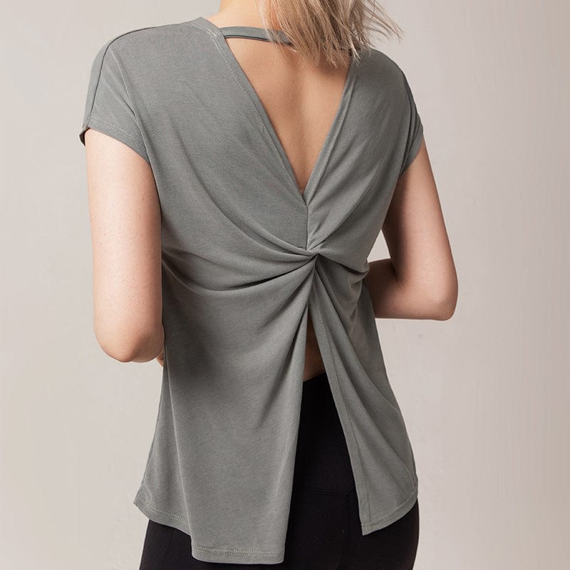 M / green New Split Back Yoga Suit Women Loose Speed Dry Running Sport Short Sleeve Blouse Women Fitness Blouse