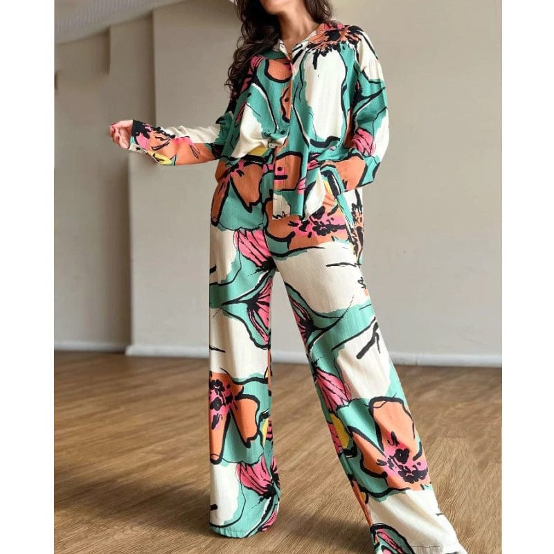 M / green New women's spring oversized printed lapel single breasted shirt high waist wide leg pants set