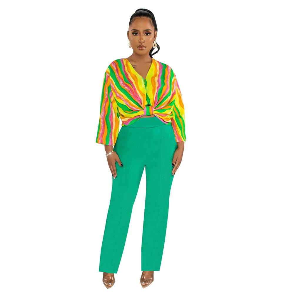 M / green New women's suit V-neck printed top solid color straight trouser suit summer