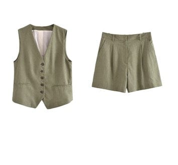 M / green New Women'S V-Neck Single-Breasted Sleeveless Vest Top Pleated Casual Shorts Set