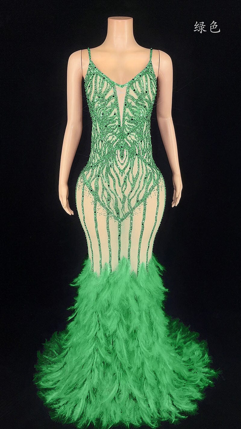 M / green NOVANCE evening dresses 2023 ball gown shiny diamonds gray feather dress with feathers vestidos elegantes para mujer for evening