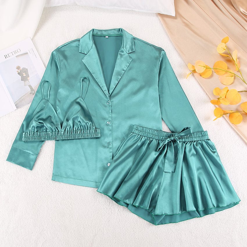 M / green OOTN Sexy Shorts Pijama Robes Women Pajama Sets Nightgowns Woman 3 Pieces Ruched Robe Women's Pajamas Champagne Bathrobes Set