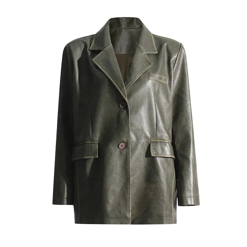 M / green OUDINA 2023 Autumn New fashion Suit Jackets Solid Color Loose Versatile Heavy Industry PU Leather Blazer For Women
