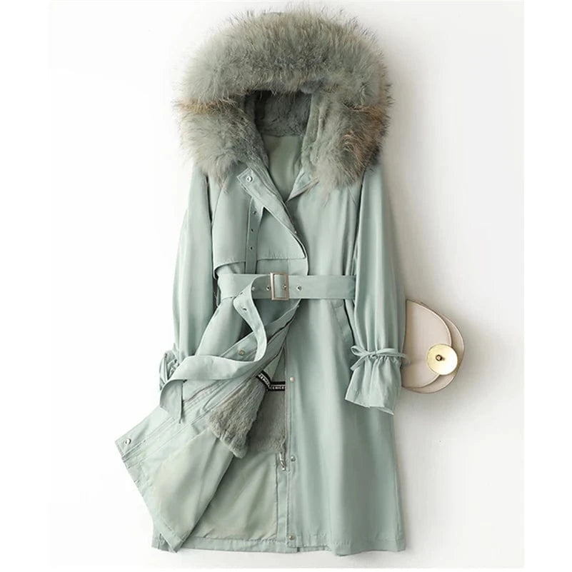M / green PUDI Liner Fox Collar Blet Coat Jacket 41646 Real Fur Parka Trench Winter Warm Rabbit Fur Women Female Long Thick Crocheted Dyed