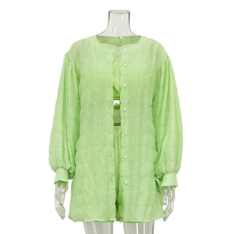 M / green RedPeony Tube Top High Waist Shorts Three Piece Set For Women Loose Lantern Sleeve Shirt 2024 Summer Long Sleeve Shirt Suit