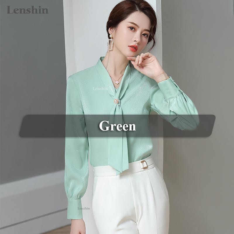 M / green Shiny Fabric Shirts for Women V-neck Blouse with Bow Work Wear Office Lady Female Tops Chemise Loose style