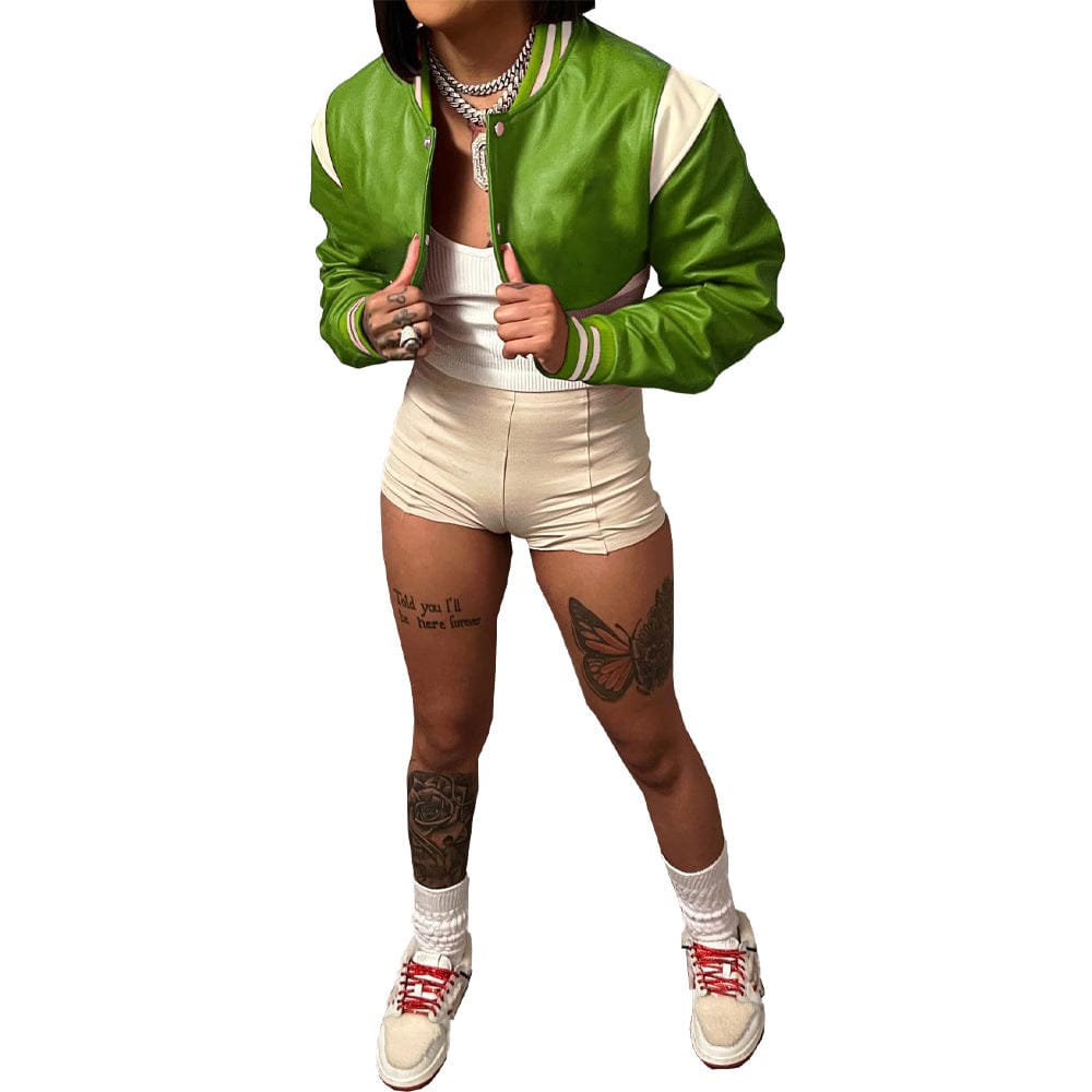 M / green Spring 2023 Women s Clothing PU Leather Cropped Motorcycle Jacket Ladies Faux Leather Crop Women Short Jackets