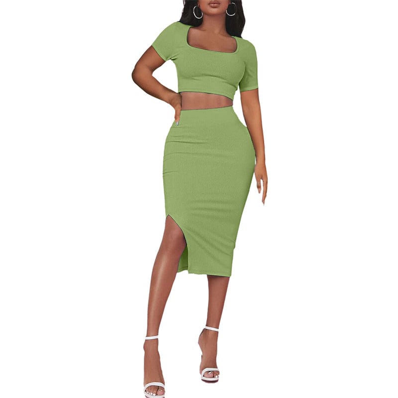 M / green summer 2023 knit Women s Sets plain short sleeve crop top and high slit skirt two 2 piece skirt set crop top with mini skirt