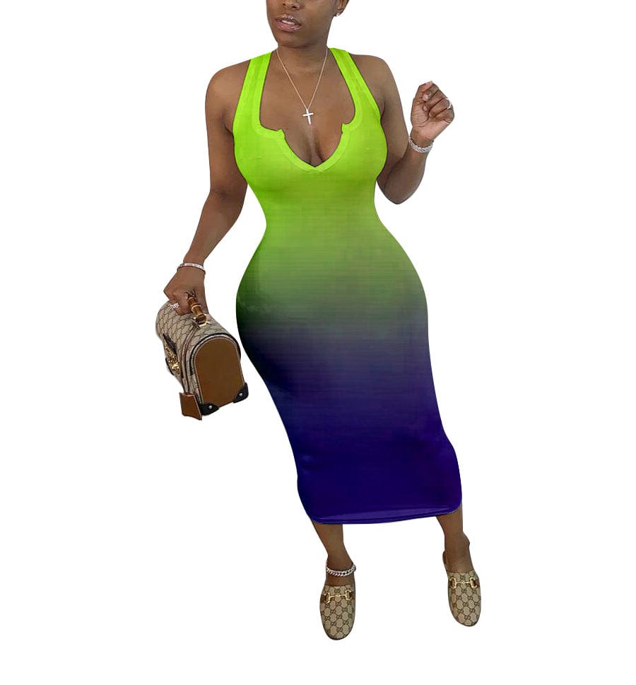 M / green Sundresses Women Summer New 2023 Sexy Tight V-neck Sleeveless Gradient Color Two Tone Tank Top Midi Dress