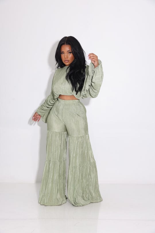 M / green Trendy Women Clothes Solid Plain Fall Lady Casual Crop Top Blouse With Wide Leg 2 Piece Set Two Piece Pants Set Women Clothing