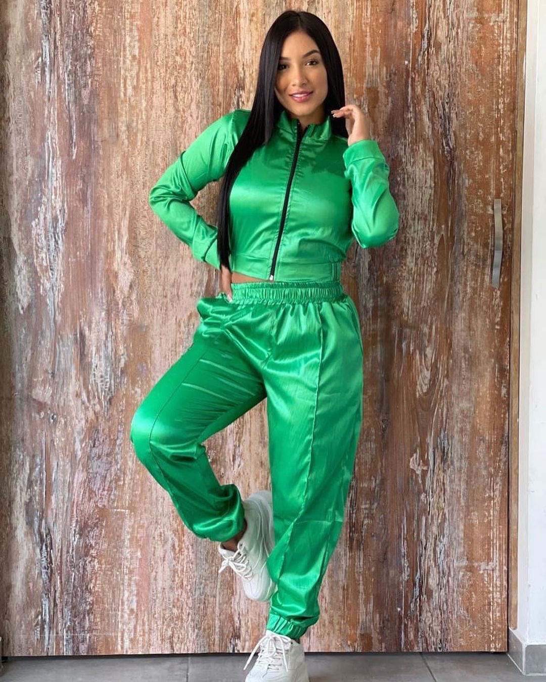 M / green Trendy Women Clothes Stunning Solid Satin Two Piece Workout Sets Women's Sport Suits Zipper Up Long Sleeve Jackets and Elastic W