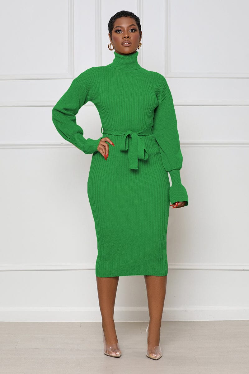 M / green Trendy Women Clothes Turtleneck Knit Tie Waist Midi Dresses