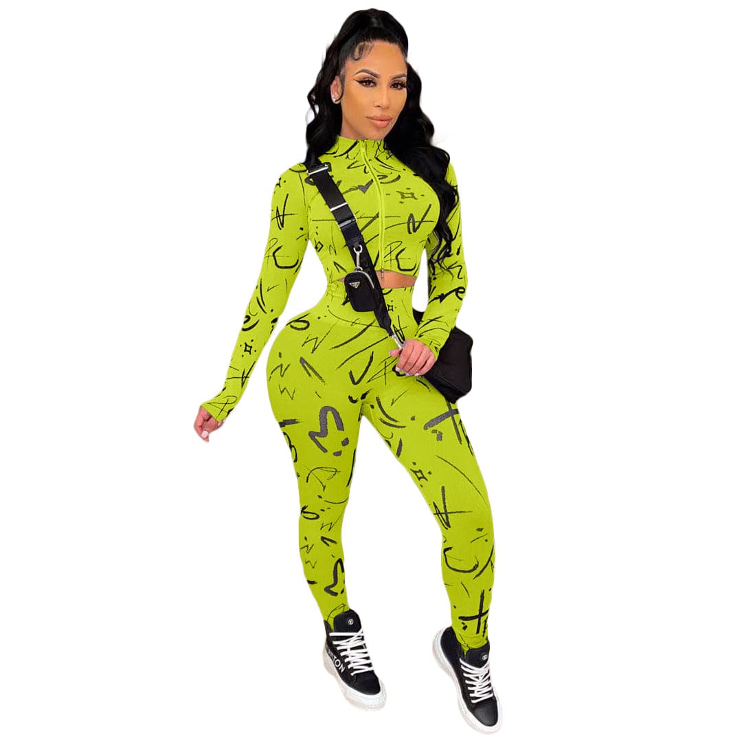 M / green Women Outfits Women Outfit Round Neck Zipper Fashion Casual Printed Two Piece Pant Set