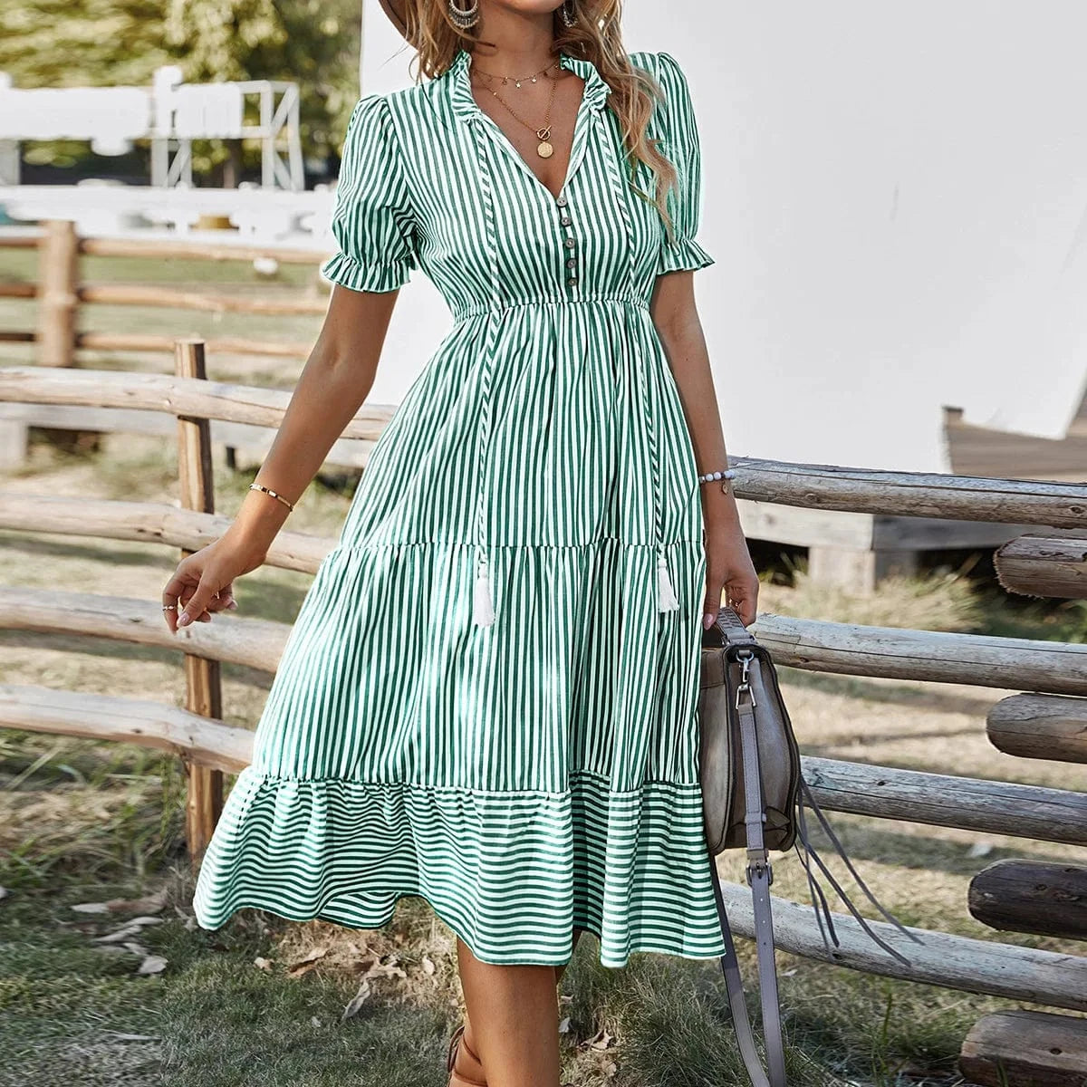 M / green Women's Summer Clothing 2023 New Hot Style Printed Fashion Loose Elegant Striped Short-Sleeved V-neck Dress