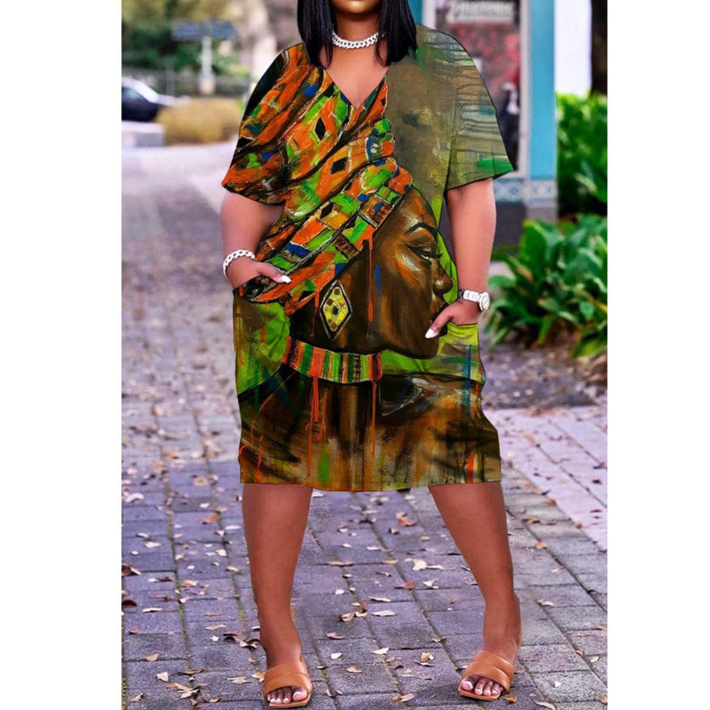 M / Green Z87685 Plus size summer dress short Sleeves Street Print womens casual dresses