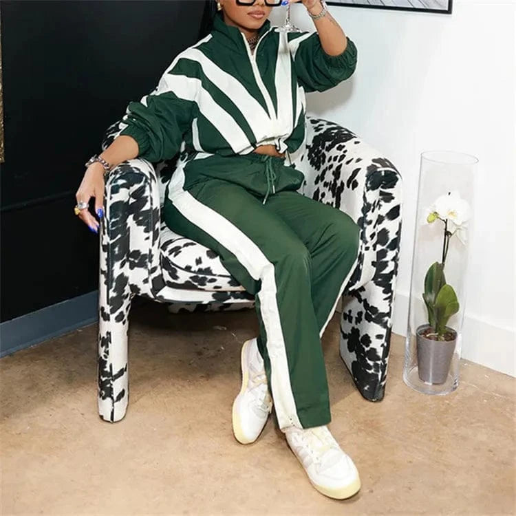 M / green Zip Up Patchwork Pants Set Women Color Block Tracksuits Long Sleeve Two Pieces Outfits