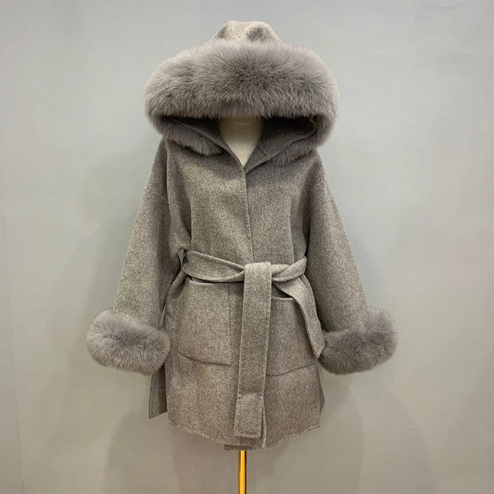 M / Grey New Design Double Loose Size Wool Coats Women Cashmere Coat With Fur Fox Hood