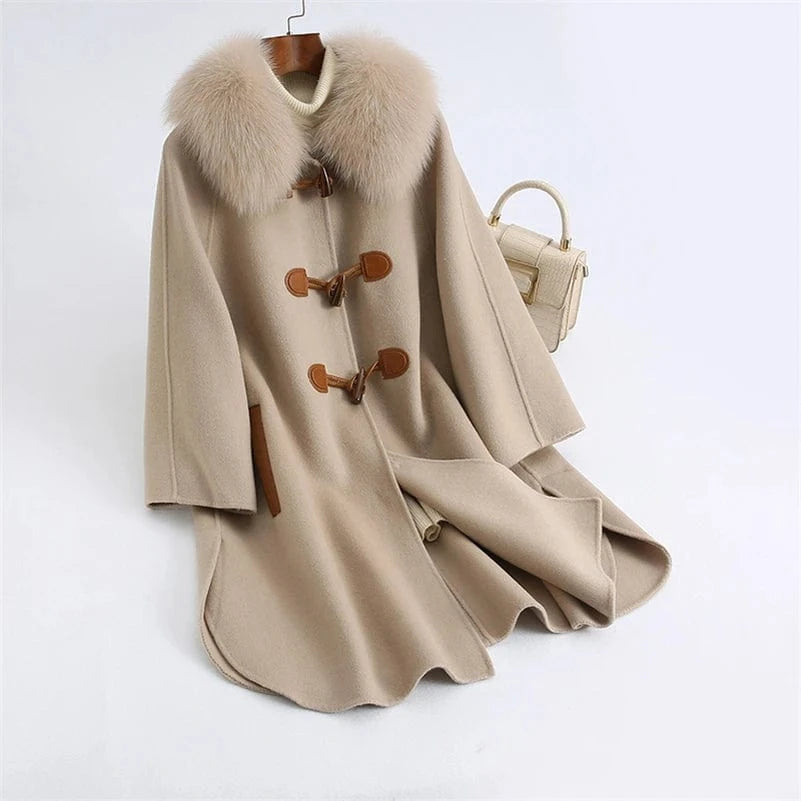 M / GREY Pudi Women Winter Real Fox Fur Coat Jacket Blends Parka Trench Cape Z21171 Over Size Wool Female Lady Fleece Woven Long Raw