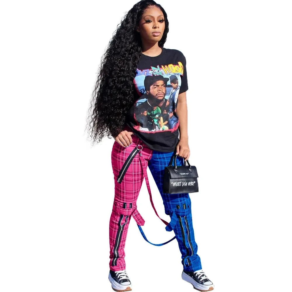 M / hot pink Designer Trendy Print Patchwork Plaid Women's Pants Trousers Hip Hop Y2K Casual Ladies Zipper Stylish Ladies Pants With Straps