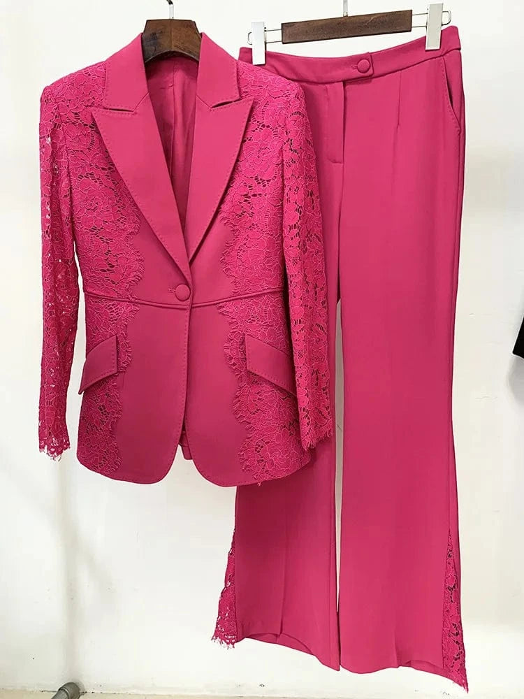 M / hot pink Top Quality 2 piece set Celebrity Runway Causal Blazer Set &Pants Women Blazers Sets