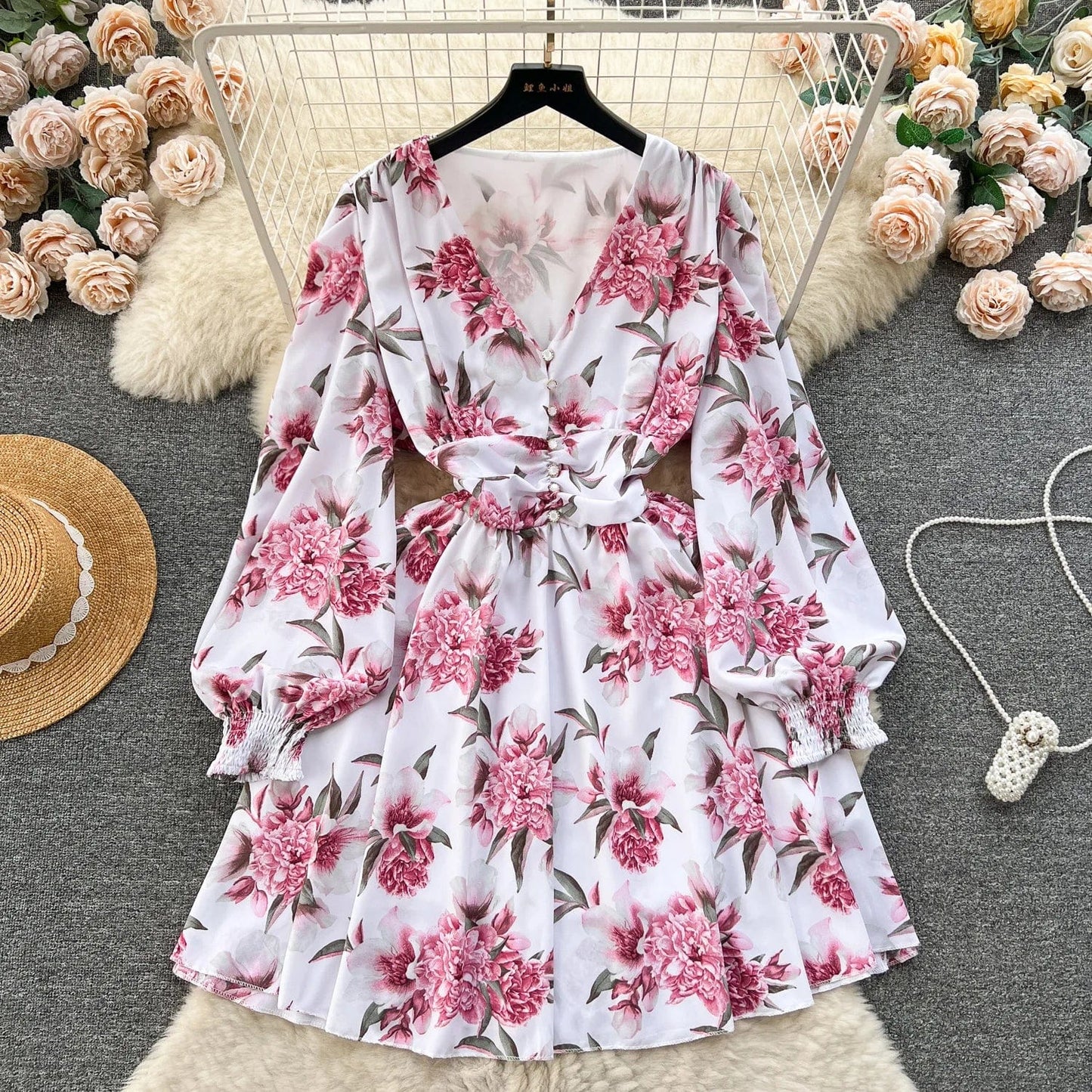 M / Image Color Oem Designer Custom Women's Clothing Ladies Elegant Long Sleeve Deep V Neck Dress Floral Print Chiffon Mini Dresses For Women -