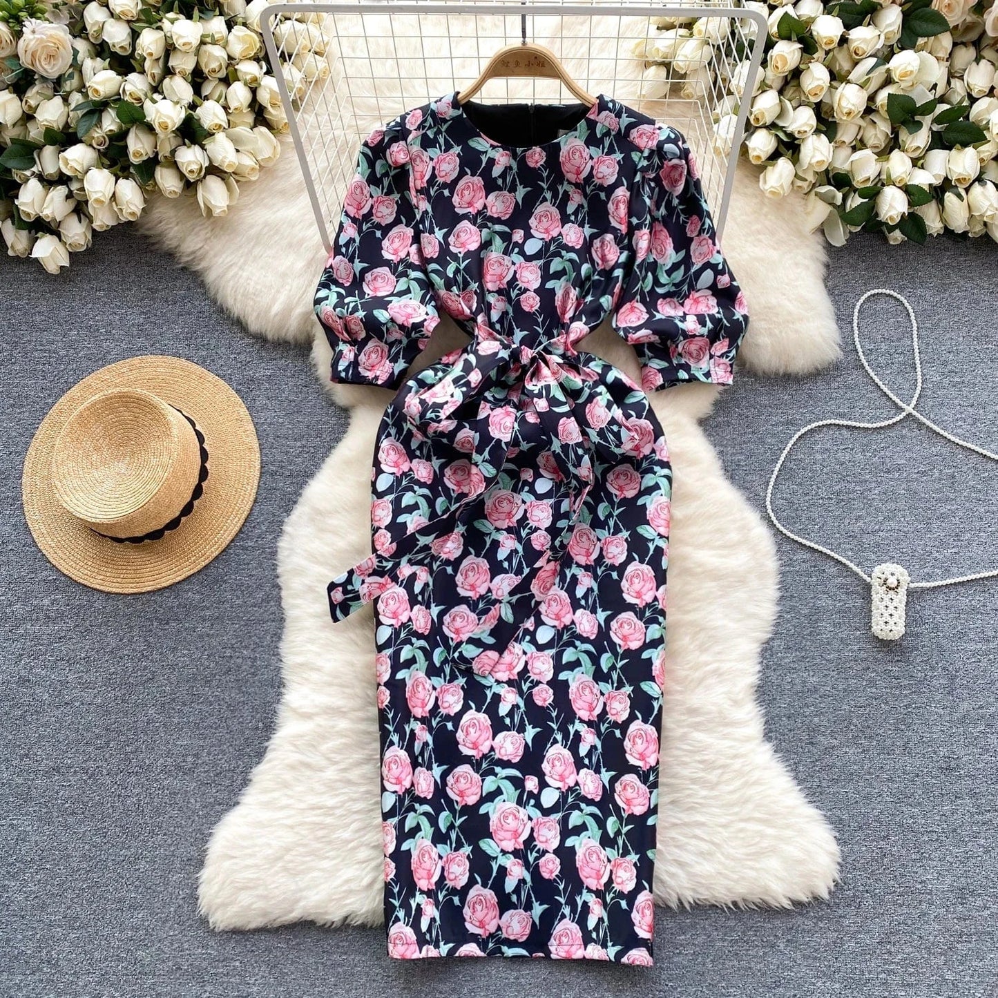 M / Image Color Spring Korean Version Fashion Elegant High Grade Goddess Style Loose Flower Print Dresses 2024