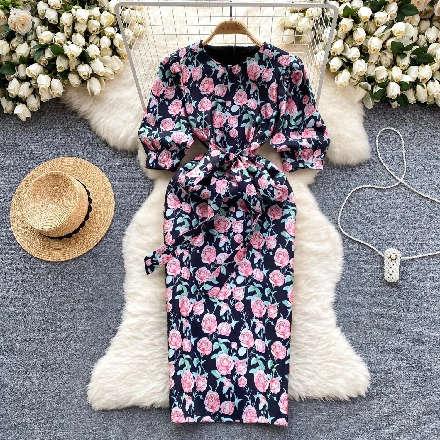 M / Image Color Spring Korean Version Fashion Elegant High Grade Goddess Style Loose Flower Print Dresses 2024