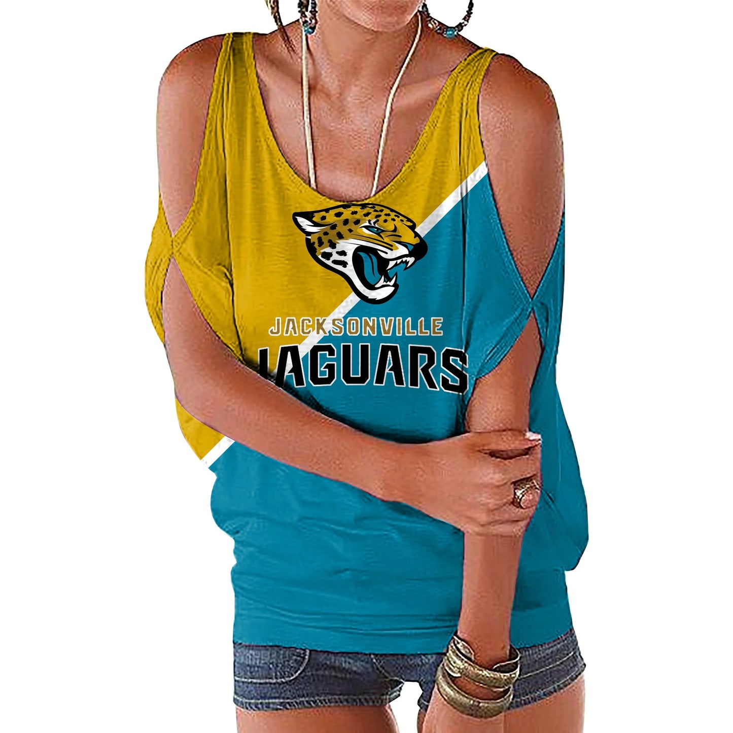 M / jaguars custom nfl polyester t shirt girl o neck short sleeve plain shirts ladies off shoulder plus size women's blouses & shirts