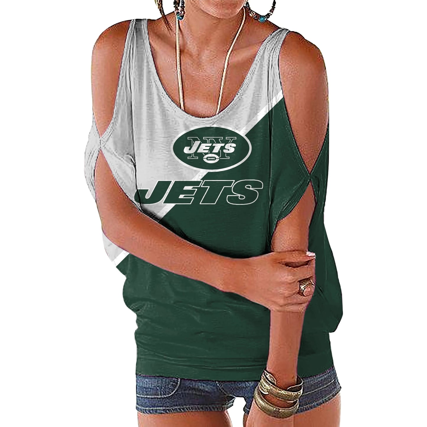 M / jets custom nfl polyester t shirt girl o neck short sleeve plain shirts ladies off shoulder plus size women's blouses & shirts