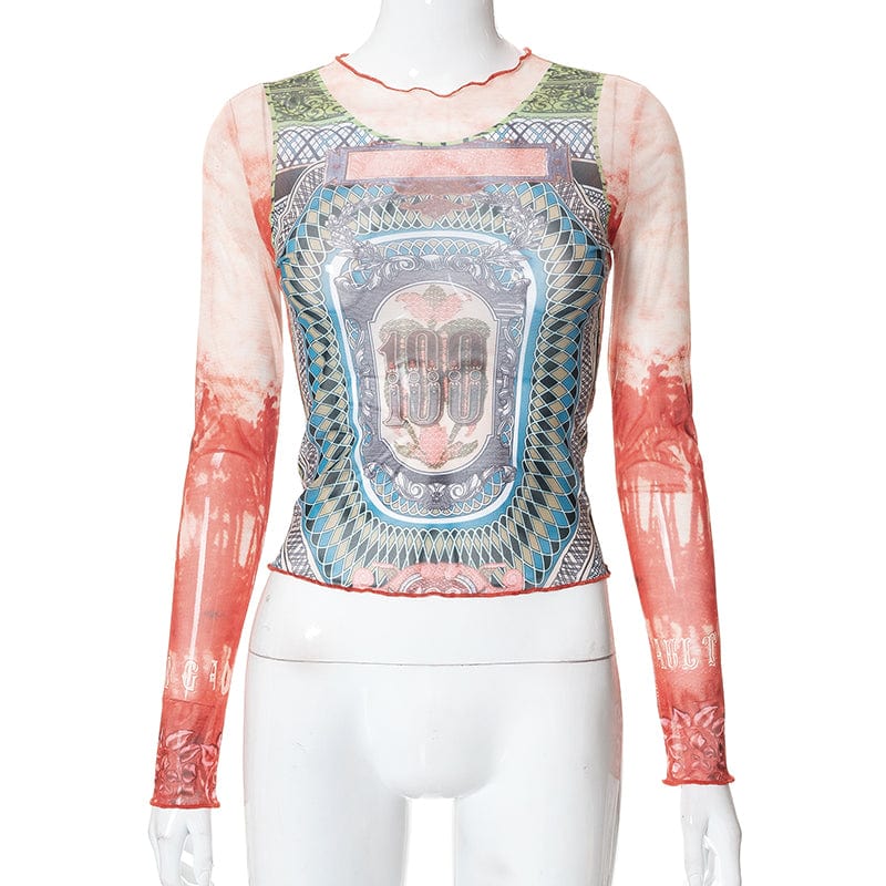 M / K22TP406 Multi Color CUTENOVA K22TP406 Fall 2022 Women Clothes Long Sleeve Pattern Printing Crop Top Vintage T Shirt