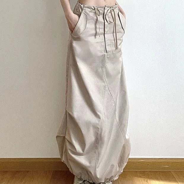 M / Khaki 2023 Street Fashion Low Waist Half Skirt Drawstring Pocket Women's New Loungewear Plain A-line Long Skirt