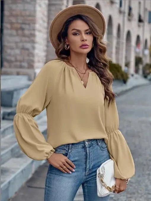 M / Khaki 2024 Autumn Winter Women Shirts Tops Solid Color V-Neck Women's Lace Ruffle Long Sleeve Fashion Loose Casual Blouse
