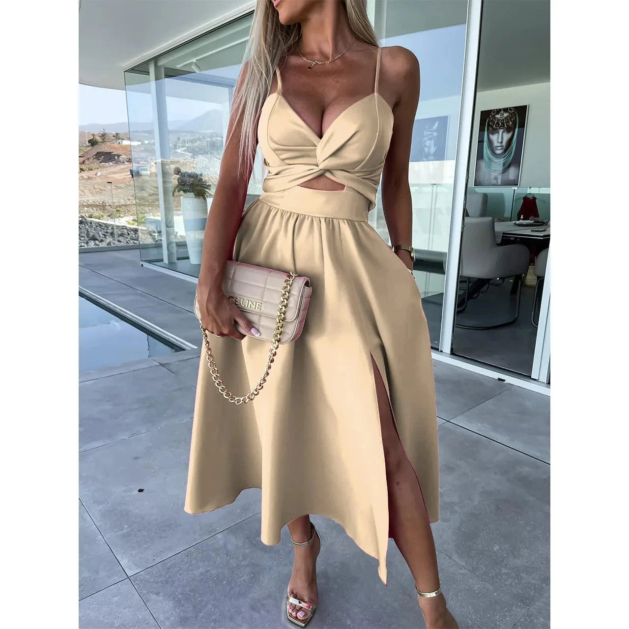 M / Khaki 2024 Hot Sale Elegant Dress New Women's Suspender V-neck Large Swing Dress Close-fitting Backless Mid-length Dress