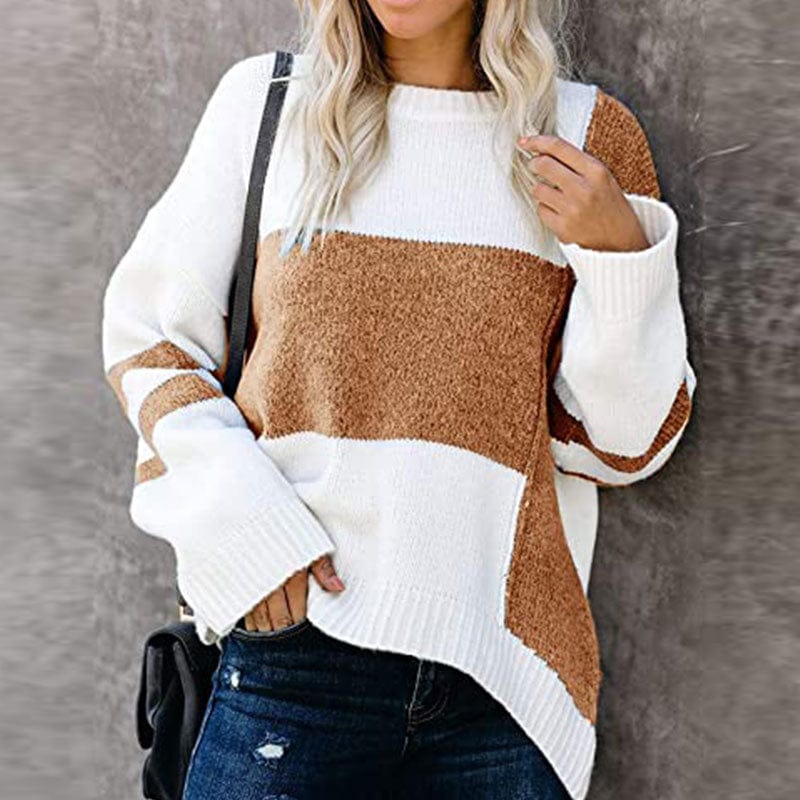 M / Khaki Autumn And Winter New Striped Retro European American Street Hipster Sweater Color Contrast Patchwork Round Neck Pullover
