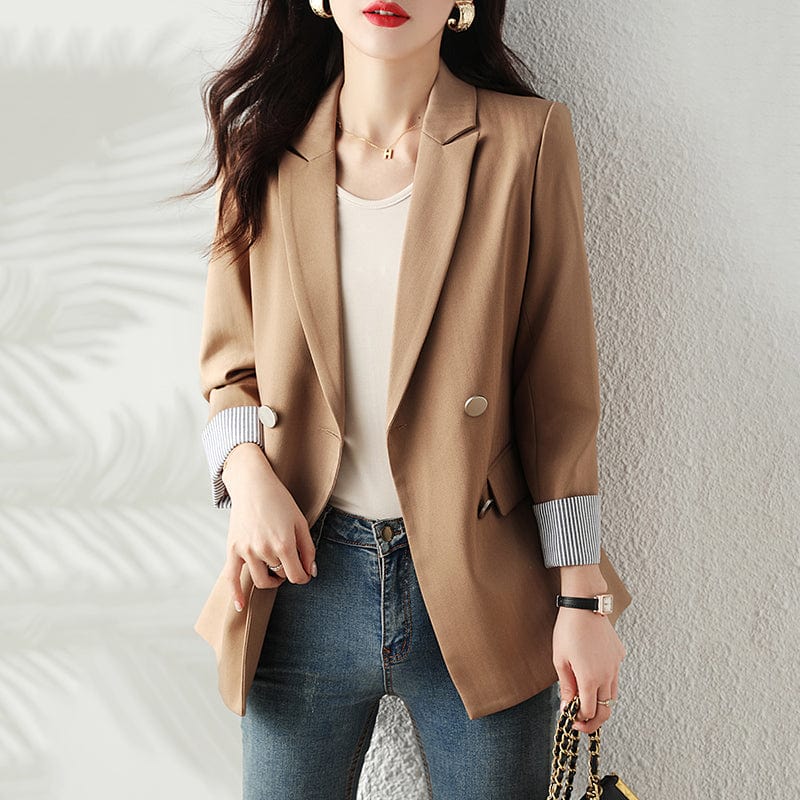 M / Khaki blazer Wholesale High-quality England Style Outfit Blazer with Pocket for Women Long Coat Fashion Double Breasted Outwear Jacket