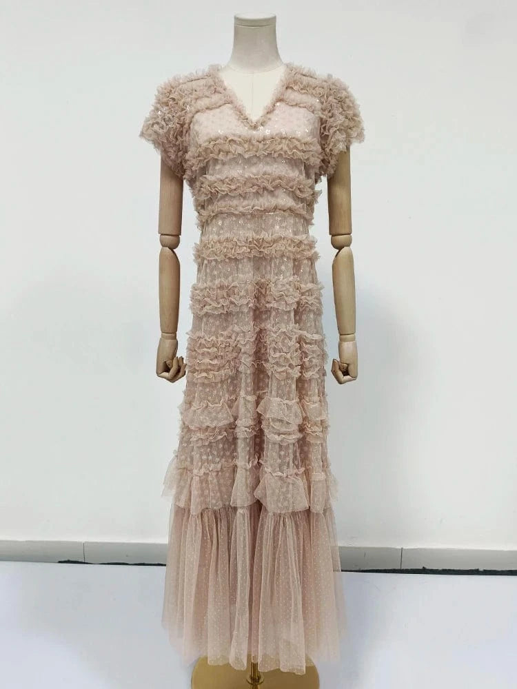 M / Khaki CHICEVER Casual Dresses V Neck Short Sleeve High Waist Patchwork Mesh Formal Dress For Women 2023