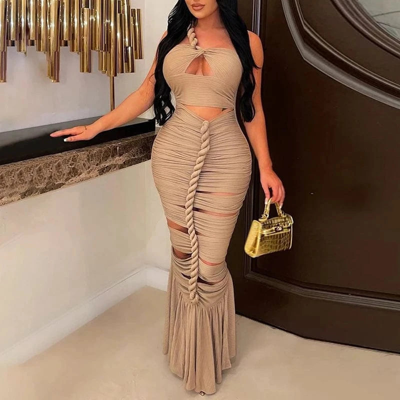 M / Khaki CHICEVER Elegant Lady Diagonal Collar Sleeveless High Waist Long Dresses Women Dress 2023